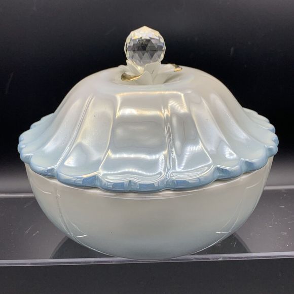 Vtg Italian Vanity Lidded Dish Blue White Pearlescent Retro Correct Glam Boudoir - Picture 10 of 14